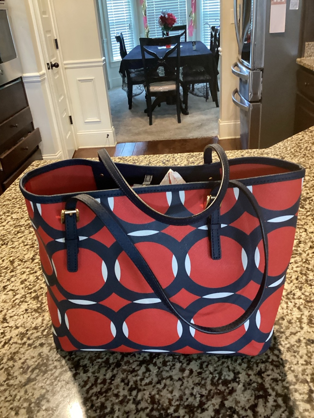 Michael Kors Red and Navy Geometric Tote ECC - Picture 2 of 14